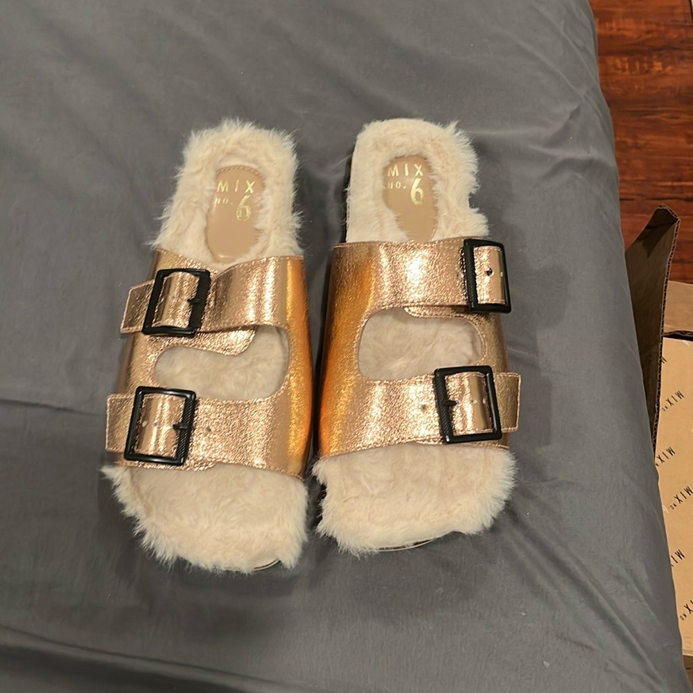 Mix no 6 sandals with plush metallic $40
